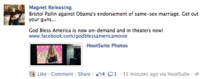 Magnolia Pictures threatens Bristol Palin via Facebook post.