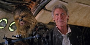 Han Solo and Chewbacca aim their weapons in Star Wars: The Force Awakens.